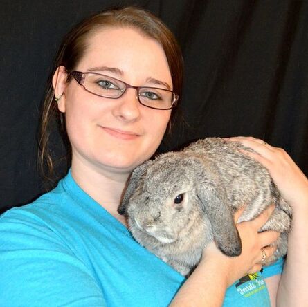 A young woman is holding a grey bunny on her shoulder